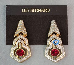 Vintage LES BERNARD Goldtone RED & CLEAR RHINESTONE Statement EARRINGS