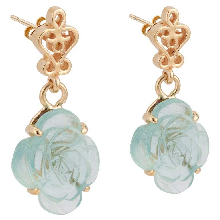 Vintage Estate 1940 Hand Carved 4.00ct Natural Aqua Flower Dangle Earrings