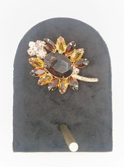 Vintage Gold Tone Smoky Quartz Brown Rhinestone Navette Flower Brooch Pin