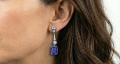 Vintage Filigree 18k white gold blue sapphire Drops earrings Emerald Cut