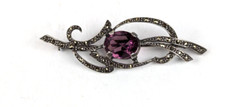 Sterling Silver Antique Edwardian Amethyst & Marcasite Brooch Pin Trombone Clasp