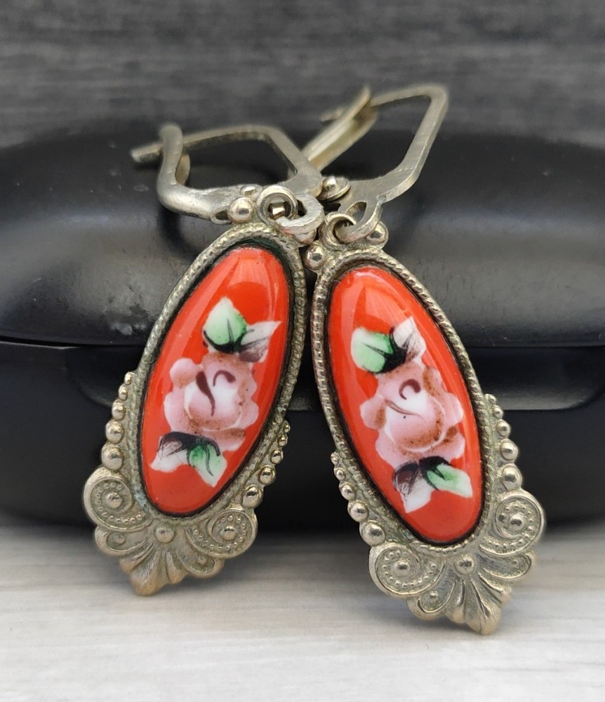 Vintage Enamel Russian Rostov Finift Earrings USSR Soviet Porcelain Hand Painted