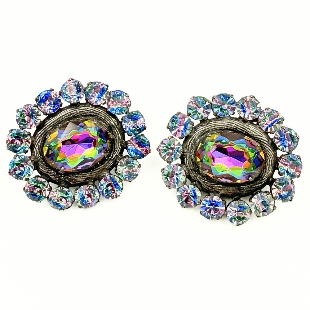 Vintage Watermelon Iris Glass AB Crystal Halo Statement Clip On Earrings