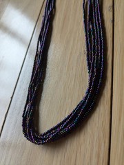Natural Nepal Glass Seed Bead Multi Strand Necklace. Iridescent Peacock Blue 22″