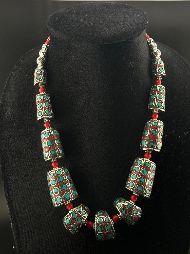 Beautiful Tibetan Nepalese Tube Vintage Turquoise Coral Handmade Necklace