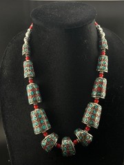 Beautiful Tibetan Nepalese Tube Vintage Turquoise Coral Handmade Necklace