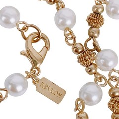 Vintage Signed Revlon Gold Tone Ball & Faux Pearl Station Necklace 1980s 1990s