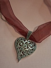 Vintage Sterling Silver Marcasite Heart Pendant Maroon Ribbon Choker Necklace