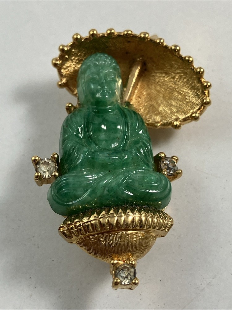 JOMAZ Joseph Mazer? Unsigned Asian Buddha Faux Jade Peking Glass Rhinestone Pin