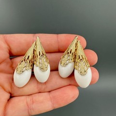 Vintage Napier Earrings Gold Tone Filigree Cap White Bead Tall Climber 1950s
