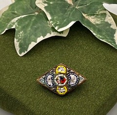 Vtg Micro Mosaic Pin Diamond Shaped 1.25 in Fan and Floral Gold Tone Metal Italy