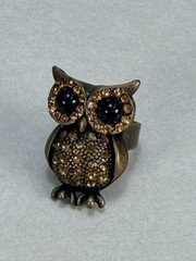 Vintage Style Owl Cocktail Ring Amber Rhinestones Bronze Tone Statement Adjust