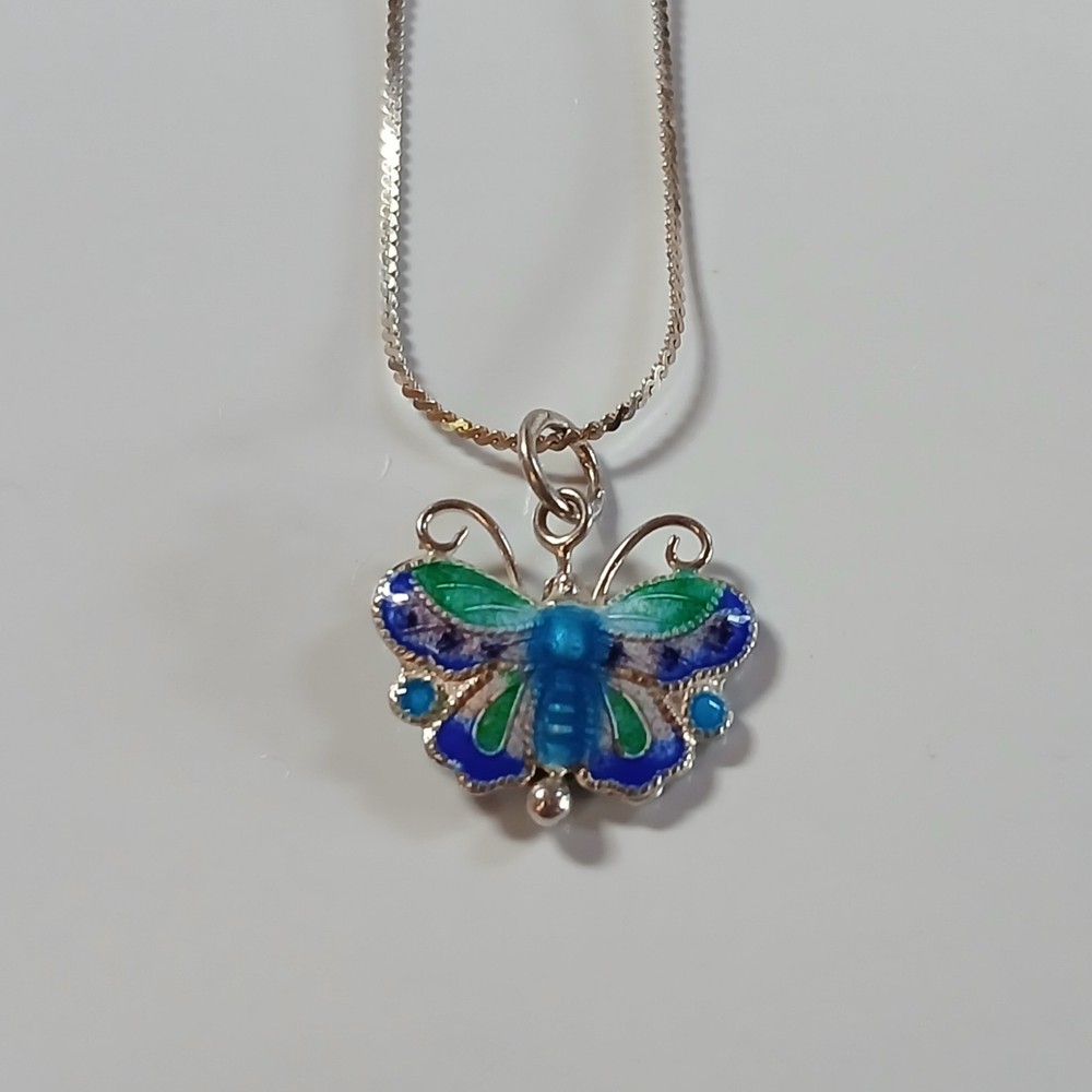 Vintage 925 Enameled Green Blue Purple Butterfly Pendant Necklace 15.5 inches