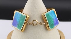 MCM 50s Studio Art Pottery Blue Green Fused Crackled Glass Glaze Panel Bracelet