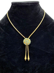 VTG Women’s Lariat/Bolo Necklace Gold Tone w/Blue gem cluster w/Torpedo Tassles