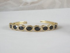 Vintage Sterling Silver 925 Gold on Natural Black Spinel Hinged Bracelet 7.5″