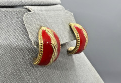 Vintage Red Enamel Gold Tone Post Earrings Statement Wavy Twist Design Bold 80s