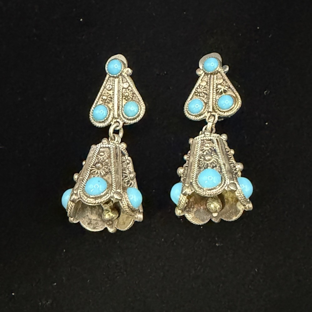 Vintage Turquoise Silver Tone Dangle Bell Heart Clip On Earrings