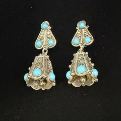 Vintage Turquoise Silver Tone Dangle Bell Heart Clip On Earrings