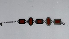 Vintage Bracelet Red Art Glass Retro Era Rectangle Silver Tone