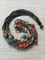 Vintage Tibet/Nepal Inlaid Turquoise Coral Brass Beaded Necklace Multi-Strand