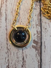 Vintage MONET Round Link Gold Tone Chain Large Black Cabochon Pendant Necklace