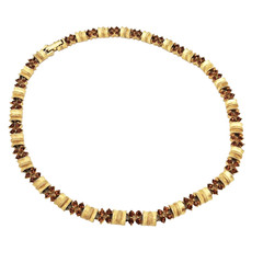 Vtg Gold Tone Link Necklace Amber Color Rhinestones Mid Century Choker 14″
