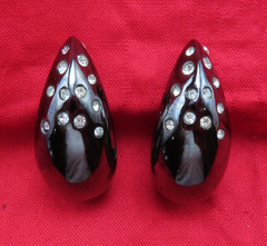 Givenchy Earrings Vintage Black Hematite Hoops Clear Crystal 1.25 in Chunky 847f