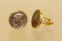 Vintage Pair Silver Mercury Head Dime 1943 & 1944 Cufflinks Gold Tone Settings
