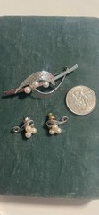 Vintage Mikimoto Sterling Silver Cultured Pearl Brooch & Earrings Set w/ Box