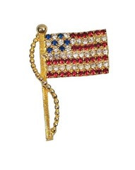 Vintage Gold Tone American Flag Brooch Pin USA Patriotic Red White Blue Stones