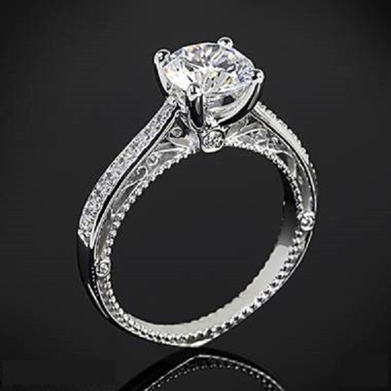 Art Deco Round Cut Lab Created Diamond Wedding Bridal 14K White Gold Filled Ring
