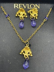 Vintage REVLON SET Gold Tone Purple Crystal Dangle Pendant Necklace Earrings
