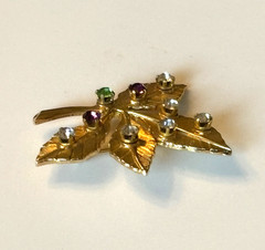 VTG Anson Rhinestone Leaf Brooch Pin Gold Tone Signed Multi Color Garden Nature