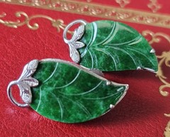 RARE Solid 14k White Gold Carved Spinach Green Jade Large Vintage Earrings