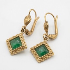 Vintage Goldtone Square Green Jade Dangle Earrings Ornate Beaded Frame Leverback