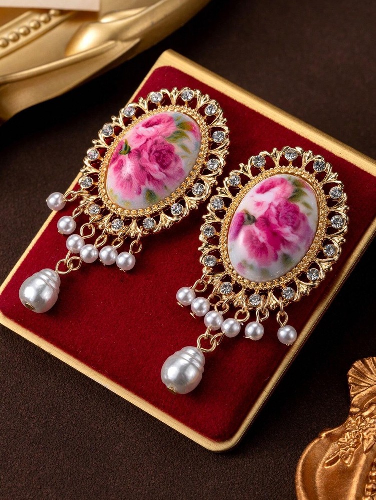Vintage Floral Cameo Pearl Dangle Earrings Gold Rhinestone Statement Jewelry