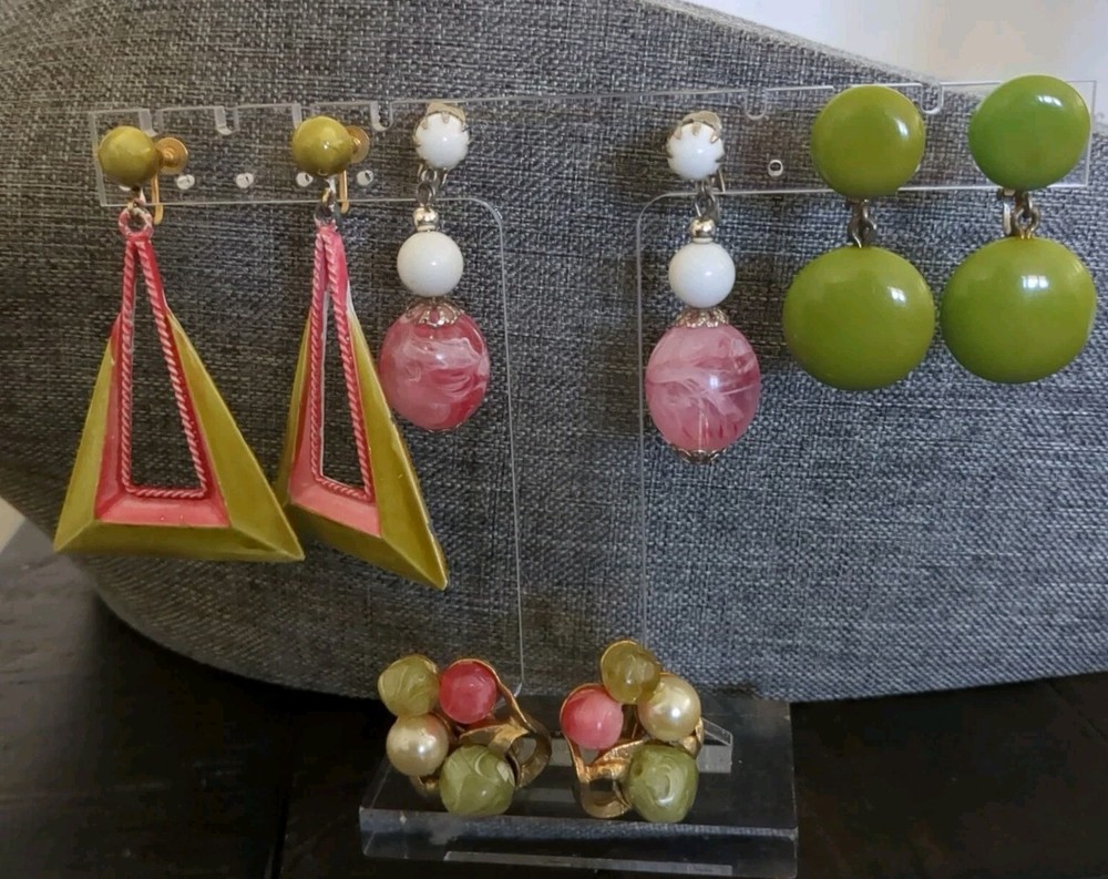 Vintage Earring Lot Pink and Green Clip Ons Screwback Lot of 4 Pairs Earrings