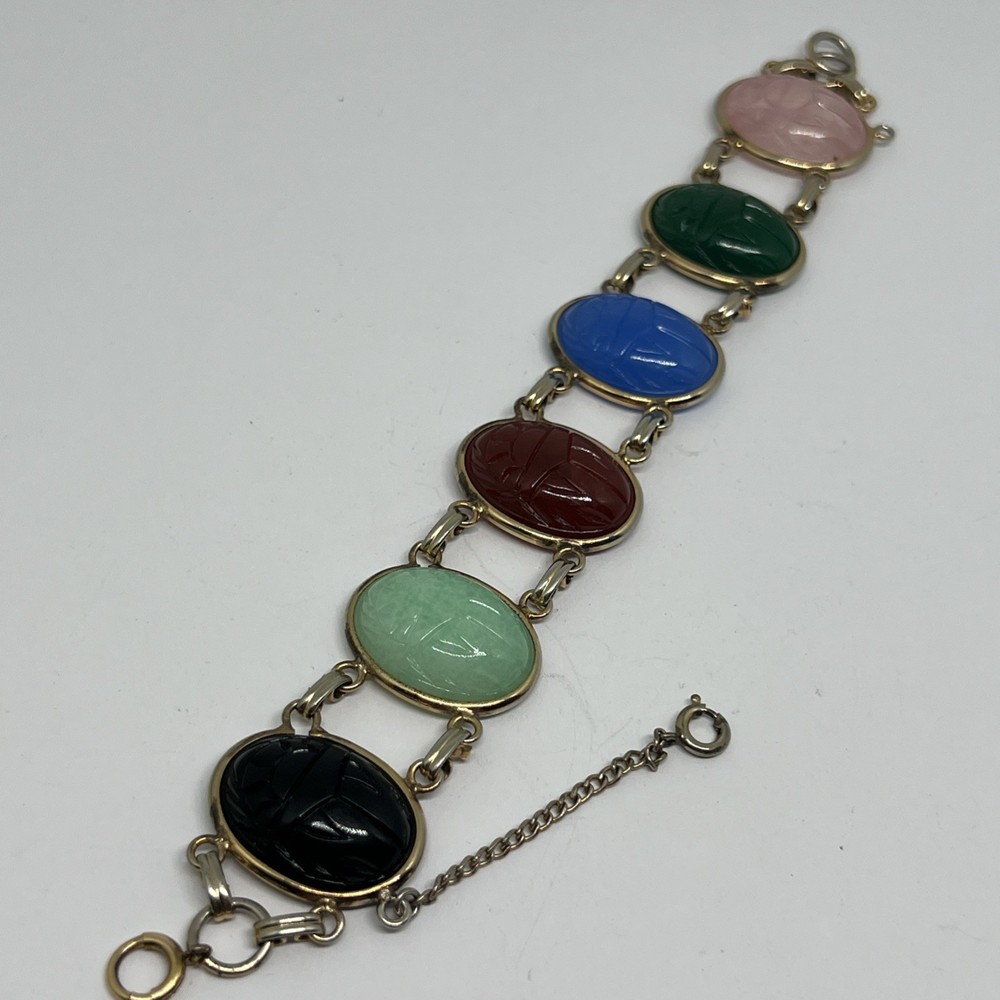 Vintage EGYPTIAN REVIVAL SCARAB GoldTone Multicolor Lucite 7.25” Bracelet
