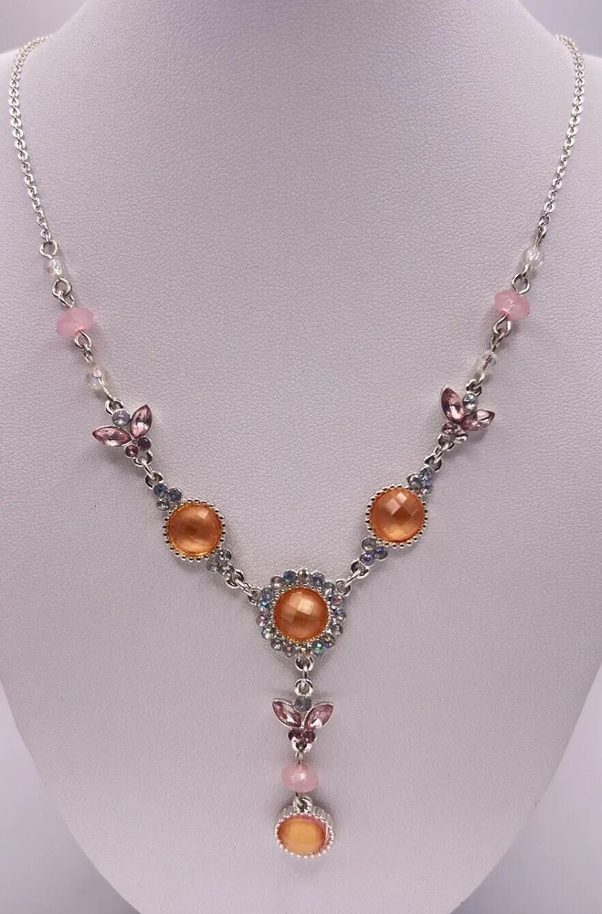 Vintage Silver Tone Orange Pink Rhinestone Butterfly Dangle Necklace 21 In