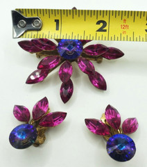 Vintage Glass Flower Star Two Levels Pink Pin Brooch Gold Tone Clip Earrings