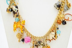 Vintage Lunch At The Ritz Necklace Gold Tone Kitty Cat Charm Rhinestone 22″