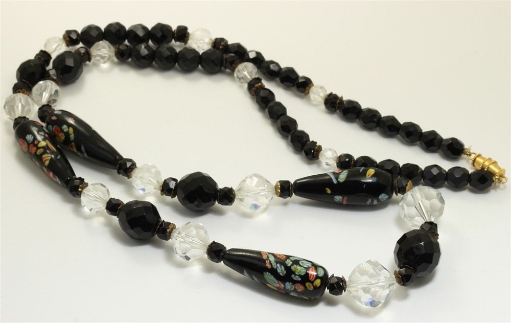 Vintage Handmade Venetian Black Art Glass & Crystal Bead Necklace 27″