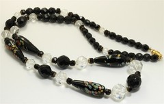 Vintage Handmade Venetian Black Art Glass & Crystal Bead Necklace 27″