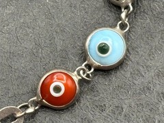 Vintage Sterling Silver 925 Multicolor Glass Evil Eye Link Bracelet 7.5″
