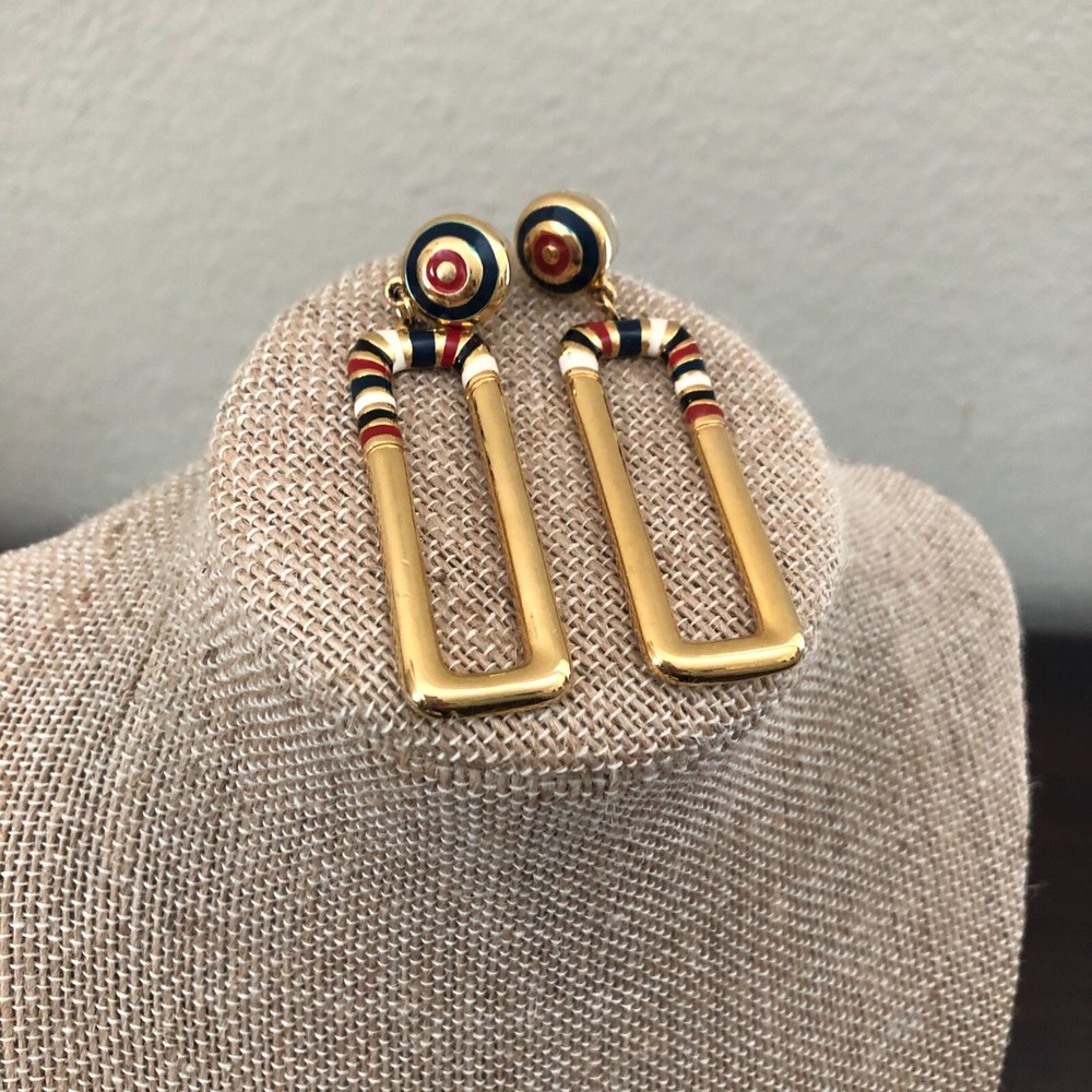 Women’s Dangle Earrings 80’s-90’s Style Gold Tone with Red and Blue Retro