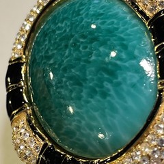 VTG Ciner Peking Green Glass Brooch Cabochon Gold Black Rhinestone, 2.25”x1.75”