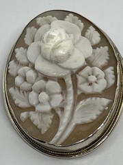 Vintage Carved Shell Rose Cameo Brooch Pendant High Relief 800 Silver Frame