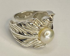 Vintage Large Sterling Silver 925 Leaf 9mm Cultured Pearl Statement Ring SZ 7.5