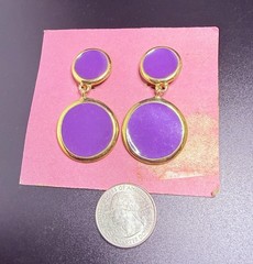 Vintage Purple Enamel Dangle Clip-On Earrings Gold-Tone